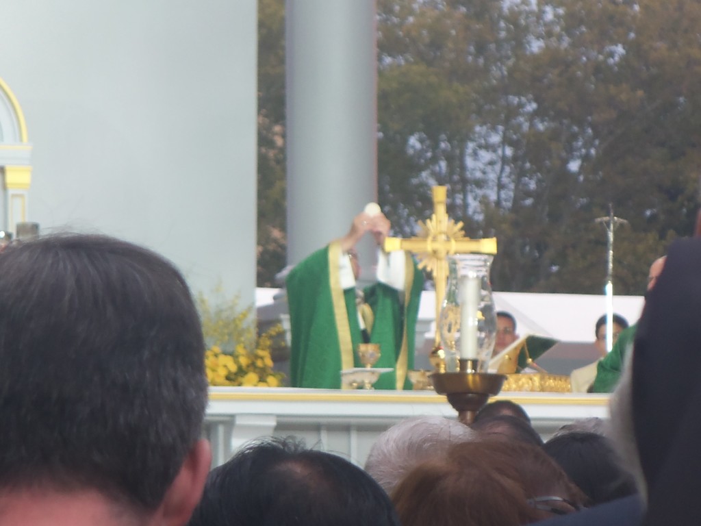 Pope Francis raises the host during the Papal mass at the 2015 World Meeting of Families in Philadelphia.